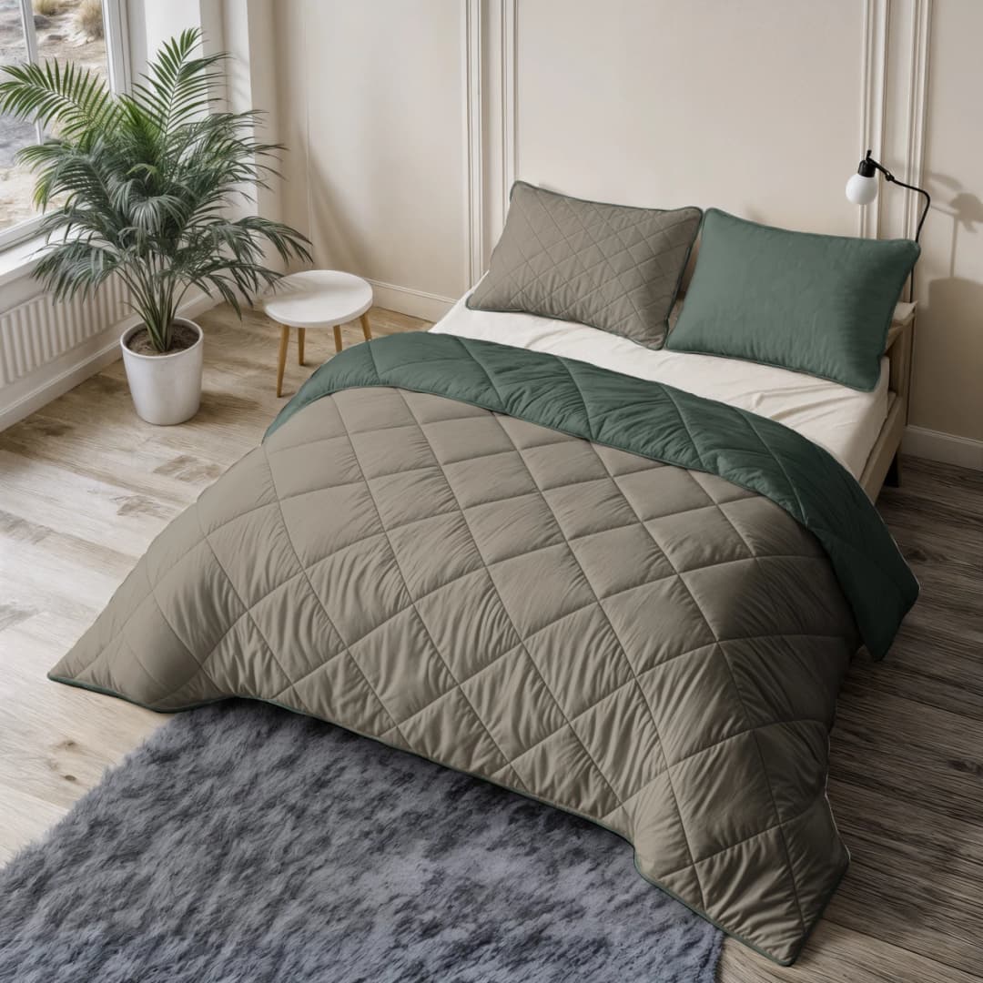 Wasbaar dekbed Lou uni Groen/Taupe-grijs 140x200 cm